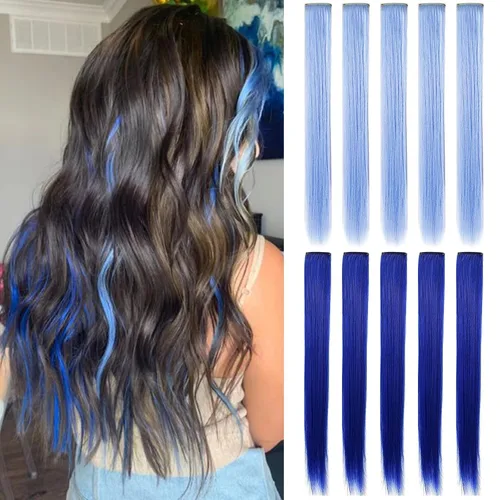Miniatura 16 de Extensiones de cabello con clip de colores, 8 piezas de cabello sintético liso con reflejos azules y verde azulado
