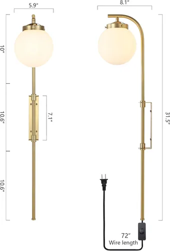 Miniatura 5 de ELEHINSER Juego de 2 apliques de pared dorados con pantalla de globo, modernas lámparas de pared enchufables para interiores con interruptor, luz