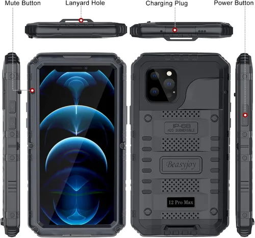 Miniatura 7 de Beasyjoy Funda impermeable para iPhone 12 Pro Max, cubierta protectora de cuerpo completo con protector de pantalla incorporado, resistente a Negro