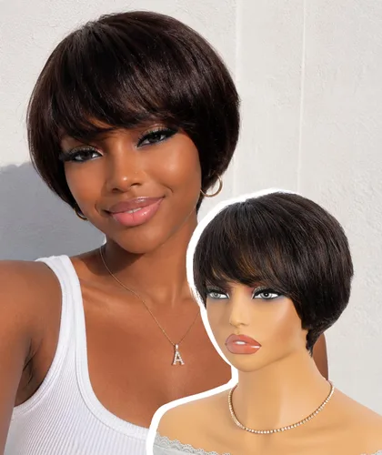 Miniatura 10 de QUEEN VIRGIN REMY QVR Pixie Cut Wig Human Hair Wigs with Bangs Short Wigs for Black Women Human Hair Different Style Pixie Wig for Daily Wear Black