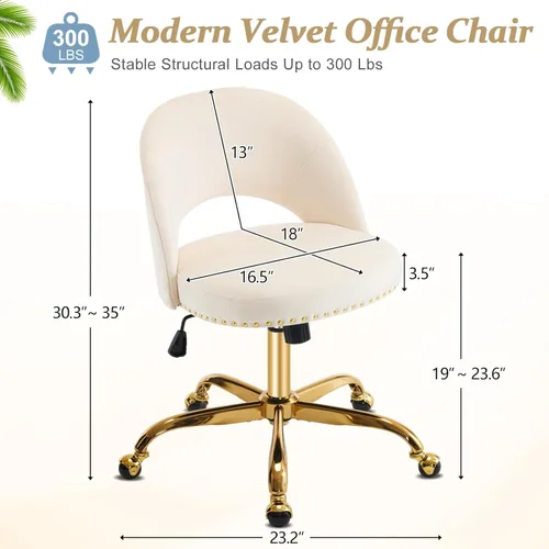 Miniatura 2 de VINGLI Silla de Oficina Pequeña de Terciopelo Moderna, Linda Silla de Escritorio con Ruedas, Base/Tachuelas Doradas, Cómoda Silla Giratoria sin Beige