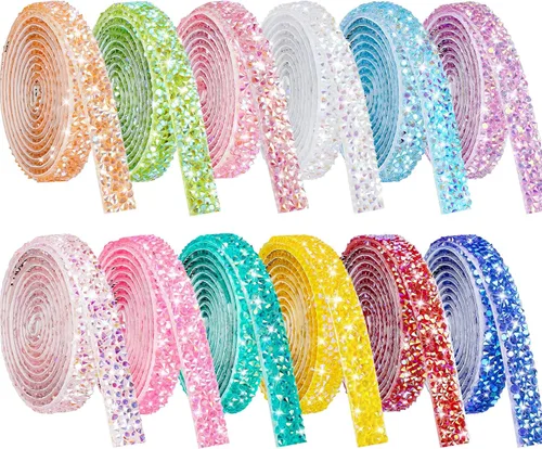Miniatura 8 de NiArt Cinta autoadhesiva de diamantes de imitación de cristal, 12 rollos de 0.35 in de ancho, total de 12 yardas, multifuncional, DIY decorativa, 12