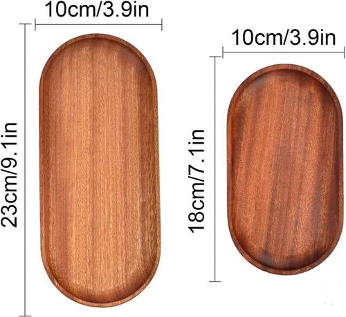 Paquete de 2 bandejas de madera maciza para servir y bandejas de madera natural con borde, rectangulares para evitar deslizamientos y derrames de