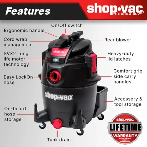 Miniatura 5 de Shop-Vac 5801411 Aspiradora de taller húmedo/seco de 14 galones, 5.5 CV pico, 2.5 pulgadas de diámetro x manguera de 7 pies, cable de 20 pies, ideal