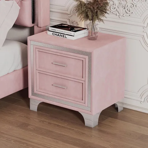 Miniatura 4 de Mesita de noche de terciopelo con 2 cajones, mesa auxiliar con almacenamiento, cómoda pequeña, muebles de mesita de noche, mesita de noche con patas