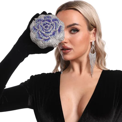 Miniatura 2 de Boutique De FGG Bolso de mano de cristal rosa para mujer, bolso de noche con flores, para boda, fiesta, graduación, novia, con diamantes