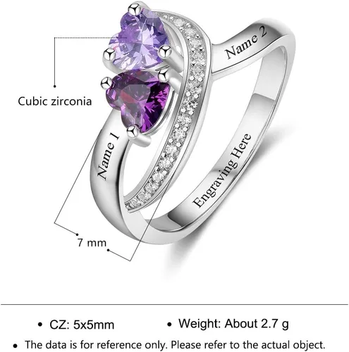 Miniatura 4 de Diamondido Anillos con nombre personalizado, 2 piedras natales de imitación, anillos de promesa para mujeres, parejas, anillos de compromiso, Piedra