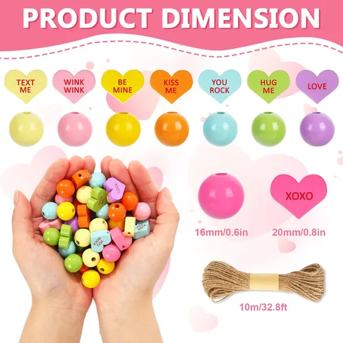 Miniatura 2 de Whaline 200 cuentas de madera para el día de San Valentín, cuentas de madera de corazón de conversación de dulces con cuerda de cáñamo, cuentas