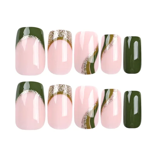 Miniatura 6 de Uñas postizas verdes a presión - Uñas falsas cortas cuadradas con purpurina dorada y diseños de remolino, acabado brillante, uñas postizas acrílicas