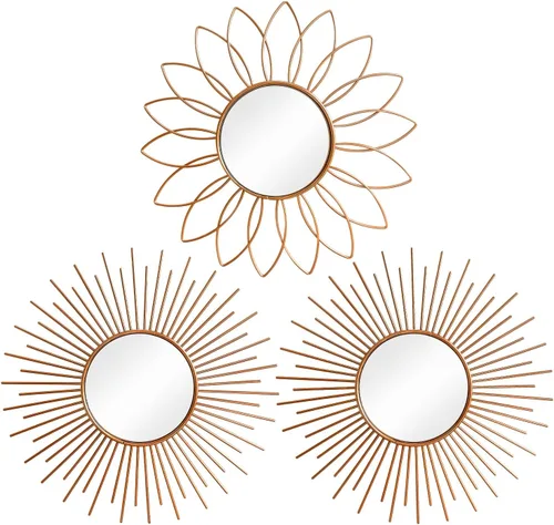 Miniatura 40 de Paquete de 3 espejos metálicos para pared, con diseño de rayos de sol, para decoración del hogar, arte decorativo para colgar en la pared para sala