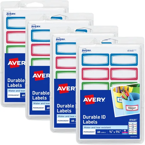 Avery Etiquetas duraderas para equipo de niños, 3/4 pulgadas x 1-3/4 pulgadas, colores de borde surtidos, etiquetas resistentes al agua, 4 paquetes,