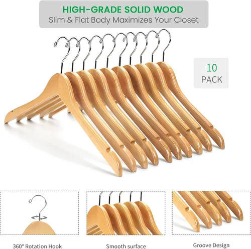 Miniatura 3 de Nature Smile Perchas de madera maciza Gugertree para camisas y vestidos con muescas con gancho cromado antioxidante, paquete de 10 (natural)