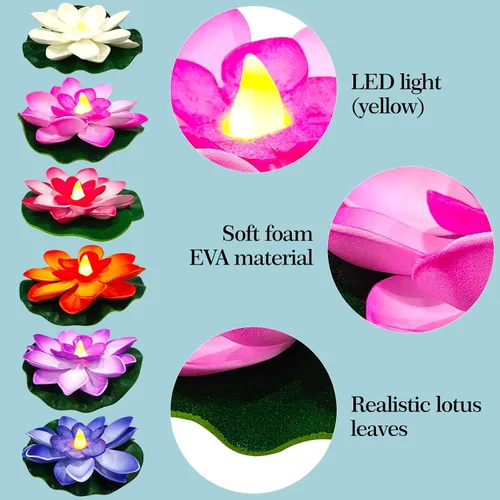 Miniatura 4 de Paquete de 6 velas de té de loto flotantes – Velas LED de lirio de agua de 4 pulgadas para piscina, baño, boda, decoración de fiesta, luces