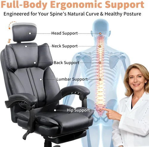 Miniatura 2 de Silla de oficina grande y alta, cómoda silla ergonómica de cuero para computadora con reposacabezas, respaldo alto, silla ejecutiva reclinable