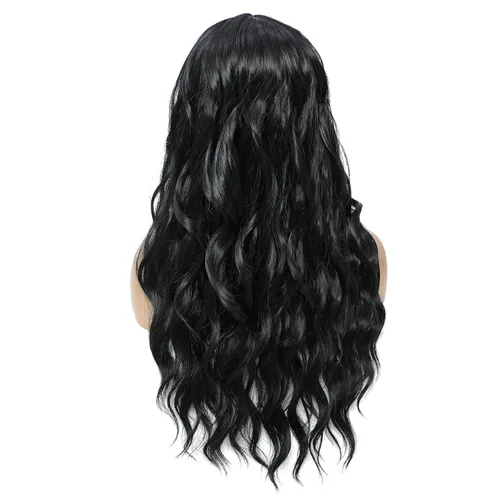Miniatura 2 de SWACC Peluca larga y rizada ondulada con flequillo peluca de pelo sintético para mujeres con gorra de peluca (negro)