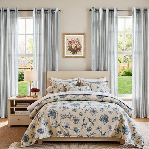 Miniatura 5 de jinchan - Cortinas de lino para sala o dormitorio, con estampado a rayas azules sobre beige, patrón de franjas que filtran la luz, accesorio