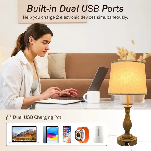 Miniatura 3 de LALISU Lámpara de mesa de granja con control táctil, lámpara de mesa regulable de 3 vías, lámpara moderna de mesita de noche con 2 puertos USB