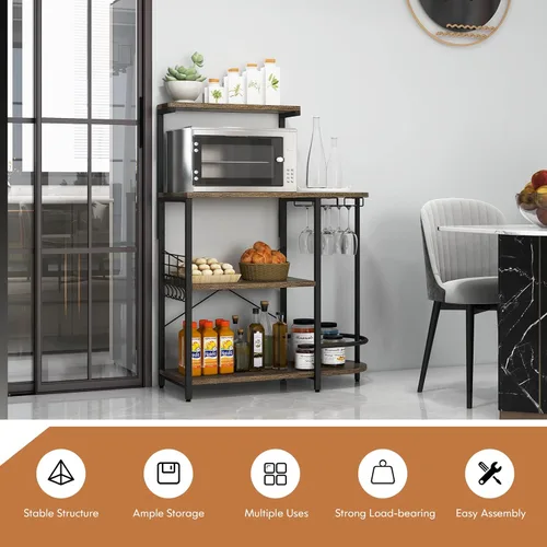 Miniatura 3 de GOFLAME Estante de cocina de 4 niveles, soporte industrial para horno microondas con estante superior desmontable, 6 ganchos extraíbles, soportes