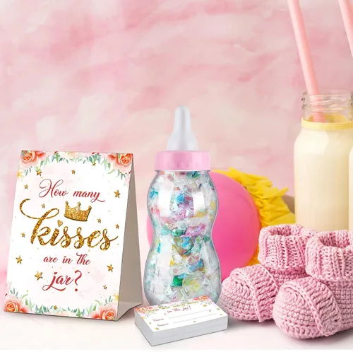 Miniatura 4 de Fuutreo 52 piezas de Baby Shower Game Guess How Many Kisses Favors Incluye un biberón grande de pie con 50 tarjetas pequeñas, decoraciones florales