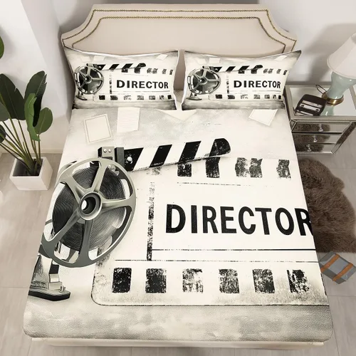 Miniatura 9 de Sábana bajera ajustable de cine tamaño individual, sábanas vintage para niños, niñas y adultos, juego de ropa de cama de palomitas de maíz