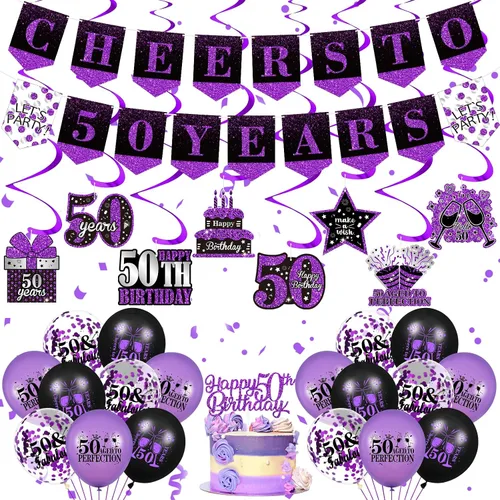 Decoraciones moradas de cumpleaños 50 para mujeres y hombres, pancarta de cumpleaños 50 color morado y negro con espirales colgantes de cumpleaños