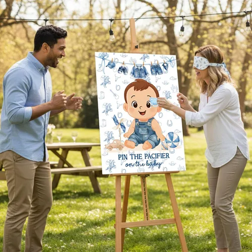 Miniatura 6 de Faccito Pin The Chupete - Juego de baby shower, decoración de fiesta de baby shower, incluye póster grande, 24 calcomanías para chupete, juego