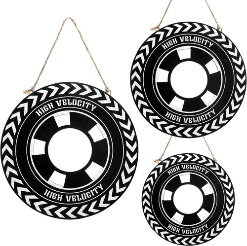 Wesiti 3 piezas de decoración de autos de carreras de 12/10/8 pulgadas de madera para colgar en la rueda de coche de carreras para niños,