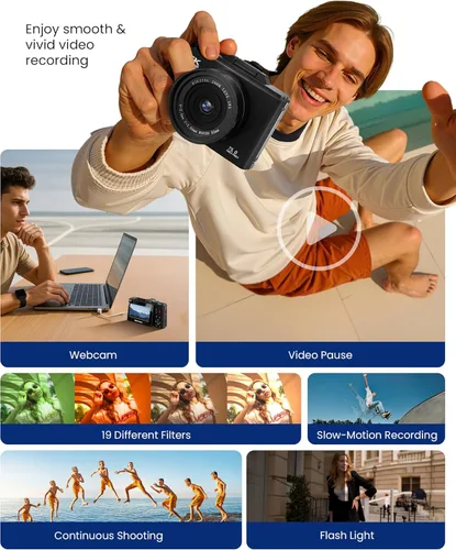 Miniatura 6 de Cámara digital 5K para fotografía – Cámara de vlogging de enfoque automático de 75 MP con tarjeta SD de 64 GB, WiFi, zoom de 18X, pantalla abatible