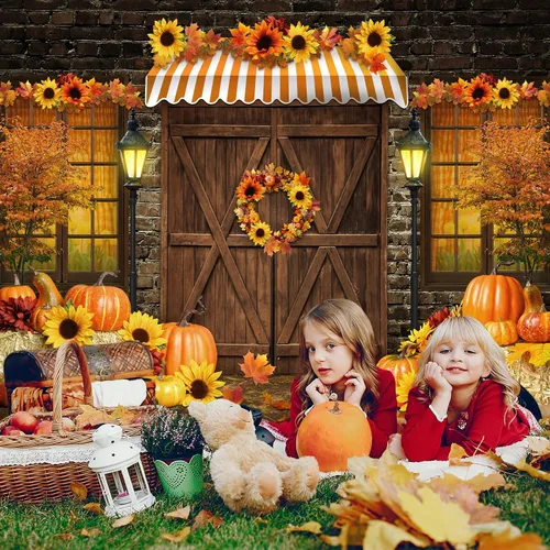 Miniatura 4 de Avezano Telón de fondo de otoño para fotografía, girasoles de otoño, calabazas, cosecha, Acción de Gracias, fondo de foto rústico, puerta