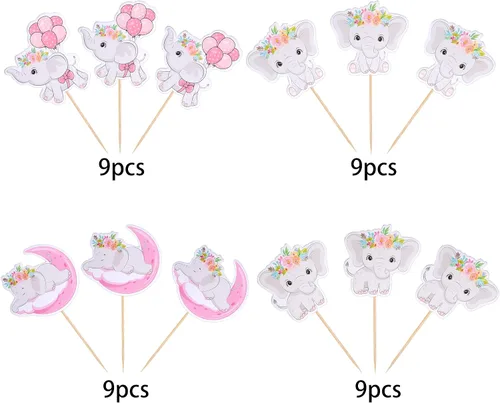 Miniatura 3 de Paquete de 24 decoraciones para cupcakes de elefante Oh Baby con purpurina para decoración de cupcakes de elefante Oh Baby Baby para cumpleaños
