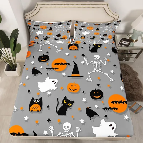 Miniatura 42 de Juego de ropa de cama de Halloween con patrón de sombras kawaii, sábana bajera tamaño queen, decoraciones de calabaza, luces de calabaza góticas