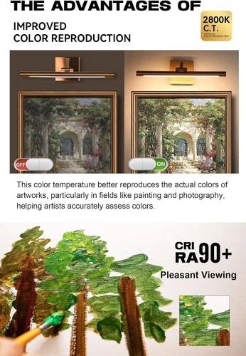 Miniatura 3 de Luz de imagen para pared de 15.7 pulgadas, iluminación artística cableada para pinturas, latón dorado, 2800 K, luz de galería regulable con tubo