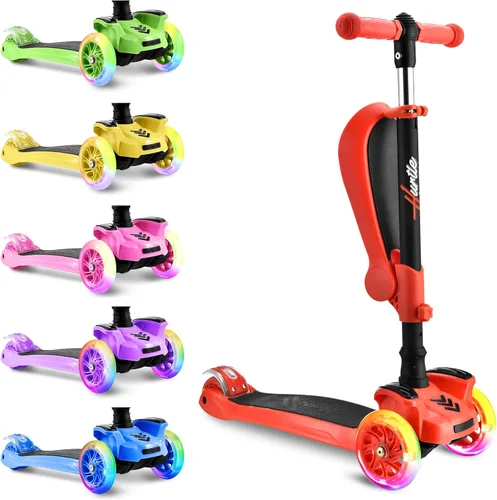 Miniatura 2 de Hurtle Patinete de 3 ruedas para niños, luces LED de ruedas, manubrio ajustable de inclinación para dirigir y asiento plegable, paseo sentado