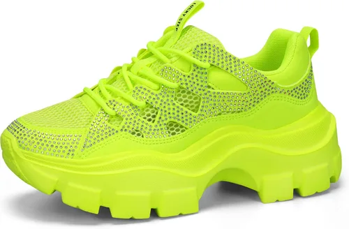 LUCKY STEP - Zapatos deportivos gruesos y reflectantes con plataforma de los90 para mujer, color holograma blanco, diseño informal, con cordones,