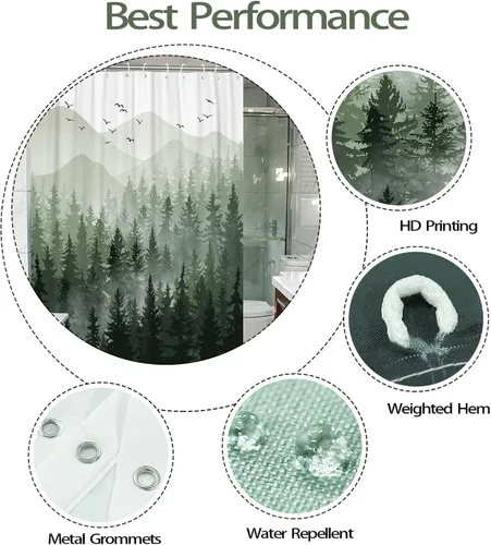Miniatura 7 de Accnicc Juego de cortinas de ducha con diseño de bosque nebuloso, naturaleza, montaña, pino, cortinas de ducha para baño, ombre verde salvia blanco