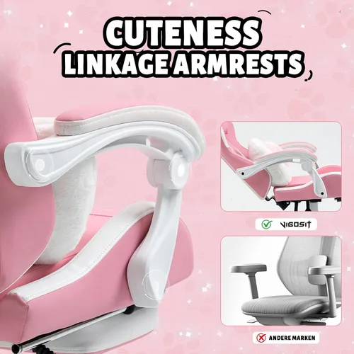 Miniatura 7 de Vigosit Silla de gamer rosa con reposapiés, silla ergonómica y linda para jugadores con orejas de gato, silla cómoda de escritorio y computadora