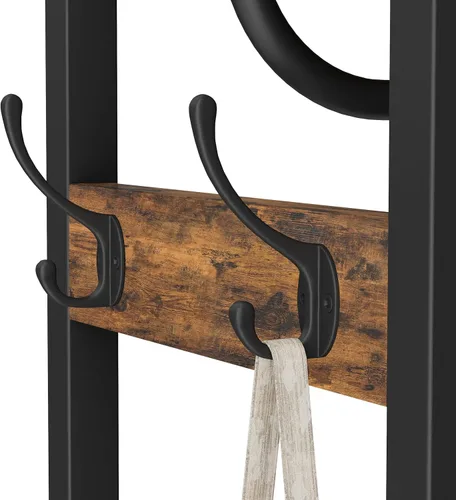 Miniatura 8 de Perchero con Barra para Colgar, Estante para Ropa con 3 Estantes de Madera y 4 Ganchos, Árbol de Pasillo Independiente, Organizador de Perchero