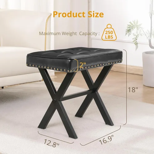 Miniatura 2 de LUE BONA Taburete de tocador, asiento cuadrado de maquillaje de piel sintética con patas en X de metal, pequeña silla otomana para sala