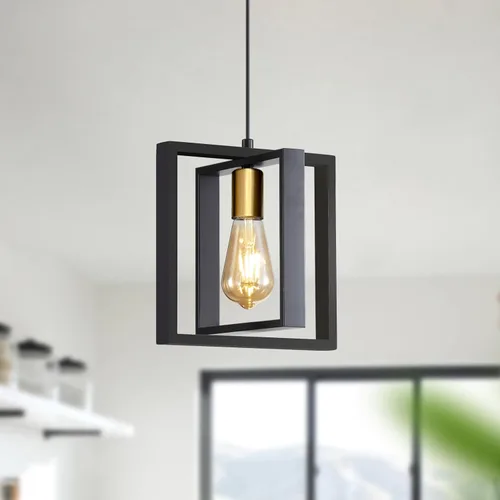 Miniatura 23 de Lámpara colgante estilo granja, luces colgantes negras para isla de cocina, luz colgante de metal industrial y madera vintage, lámpara de techo
