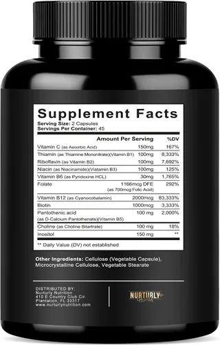 Miniatura 3 de Complejo de vitamina B con vitamina C - Contiene todas las vitaminas B esenciales - B1, B2, B3, B5, B6, B7, B9, B12 y biotina - Súper complejo