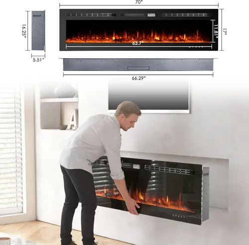 Miniatura 3 de CharaVector - Insertos de chimenea eléctrica de 70 pulgadas 750W/1500W con control remoto en montaje en pared, calentador de chimenea de inserción