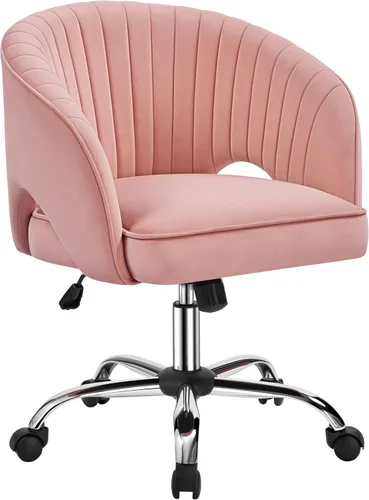 Yaheetech Silla de escritorio rosa, silla de tocador linda con respaldo y diseño giratorio moderno y rodante para hogar, oficina, estudio, tocador,