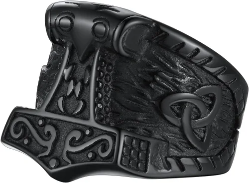 FaithHeart Norse Viking Jewelry - Anillo de acero inoxidable de guerrero para hombre con diseño vikingo de cabeza de lobomartillo de Thor,