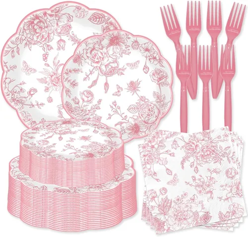 Juego de 250 platos y servilletas florales rosas, 50 invitados, juego de vajilla desechable festoneada rosa y blanco, platos de papel vintage,