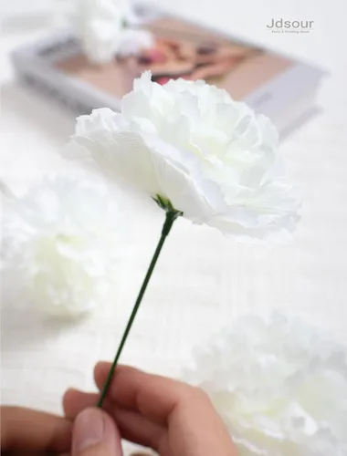 Miniatura 5 de Paquete de 50 palillos de clavel de seda artificial, cabezas de clavel de flores artificiales con tallos para bricolaje, ramos de boda, centros