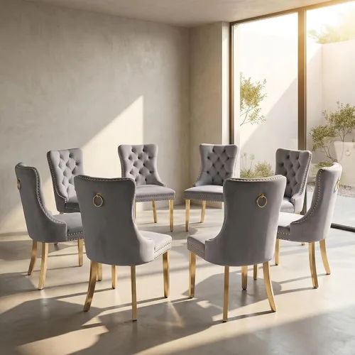 Miniatura 16 de Juego de 2 sillas de comedor de terciopelo, sillas de comedor copetudas de mediados de siglo con anillo trasero de cabeza de clavo, patas de metal