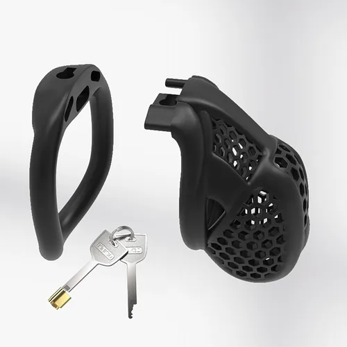 Miniatura 6 de Jaula de castidad rosa, dispositivos de castidad pequeños, jaula para el pene masculino para hombres, jaula plana de plástico BDSM Jaula A601 Anillo