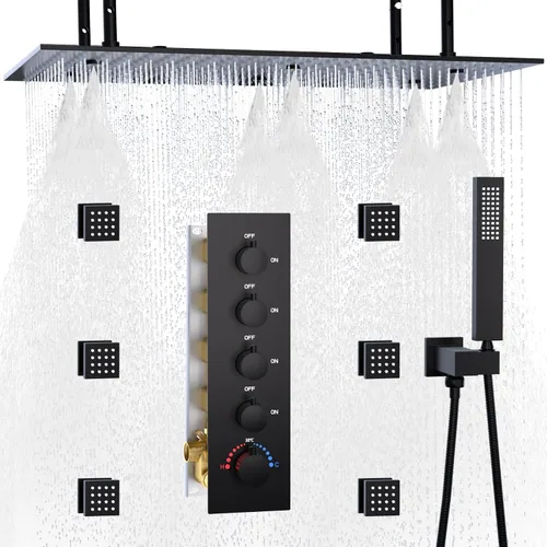 Miniatura 9 de Sistema de ducha de techo de niebla dorada cepillada con cabezal de ducha grande de doble función de 15.7 x 31.5 pulgadas, válvula de ducha Oro