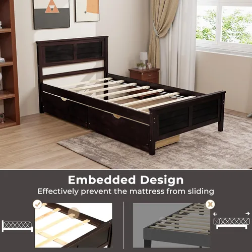 Miniatura 6 de Giantex Cama individual de madera con 2 cajones de almacenamiento, plataforma de madera maciza con cabecero, base de colchón de soporte de listones