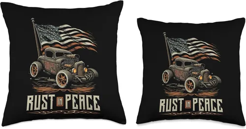 Miniatura 3 de Rat Rod & Hot Rodder Gift for Rust Bucket Car Fans Hot Rusty Car Rust in Peace, almohada patriótica vintage para barra de rata, 18 x 18 pulgadas